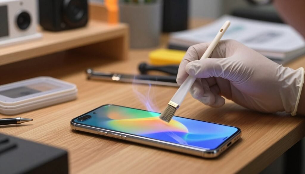 A close-up view of a Google Pixel 8 Pro smartphone on a wooden desk, emitting visible heat waves, surrounded by a variety of tools and materials symbolizing a tech repair setup. In the foreground, the phone is slightly angled, with its sleek edges and vibrant display highlighted. The middle section features a technician’s hands wearing latex gloves, delicately holding a small plastic brush, preparing to clean dust from the phone’s ports. In the background, soft ambient lighting casts a warm glow, with blurred shelves of tech gadgets and repair manuals, suggesting a focused repair environment. The mood is professional yet approachable, reflecting an atmosphere of troubleshooting and resolution amidst the technology.