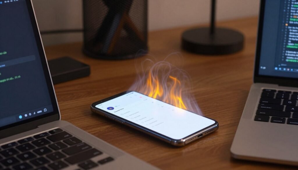 A close-up view of a Google Pixel 8 Pro smartphone, showing it on a wooden desk surrounded by tools for troubleshooting overheating issues. The phone has visible heat waves emanating from its surface, symbolizing the overheating problem. In the foreground, an opened laptop displays code or diagnostics software, emphasizing a tech-savvy troubleshooting environment. The background features soft, warm ambient lighting, creating a serious yet inviting atmosphere, while a focused beam of light highlights the smartphone's screen, showcasing its settings interface related to system performance. The image conveys urgency and technical expertise, capturing the essence of advanced troubleshooting methods for mobile device issues.