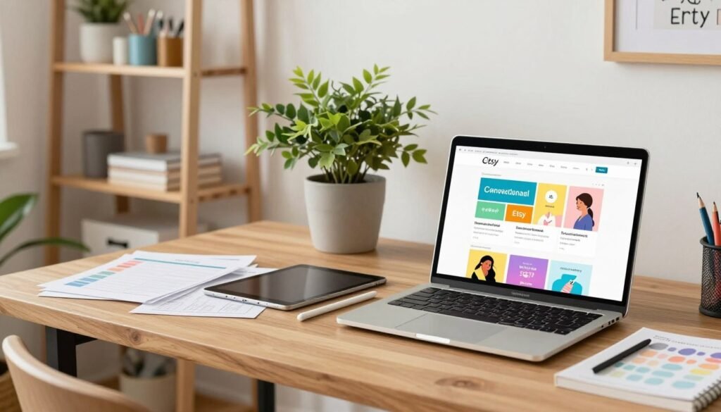A cozy and inviting Etsy digital product setup in a bright, modern home workspace. In the foreground, a stylish wooden desk holds a laptop displaying the Etsy shop interface, with colorful Canva graphic designs open on the screen. Beside the laptop, neatly arranged are tools such as a tablet, stylus, and inspirational design books. In the middle, a large potted plant adds a touch of greenery, while there are hints of finished digital products, like printable planners and artwork, scattered around. The background reveals a well-organized shelf filled with craft supplies and decorative items, all under soft, warm lighting that creates a motivating and creative atmosphere. The scene conveys a sense of professional triumph and digital entrepreneurship.