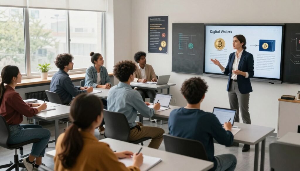 A modern classroom setting, filled with diverse students actively engaging in a cryptocurrency seminar. In the foreground, a confident instructor in professional business attire explains digital wallets on a large screen, illustrating the concept of earning crypto through education. The middle of the room features students of various ethnic backgrounds, some taking notes, others discussing among themselves, all displaying enthusiasm and curiosity. The background includes educational posters about cryptocurrency and blockchain technology, conveying a sense of learning and growth. Soft, natural lighting streams in through large windows, creating an inviting, focused atmosphere. The angle is slightly elevated, showcasing the interaction between the instructor and students, encapsulating an inspiring and motivational energy.