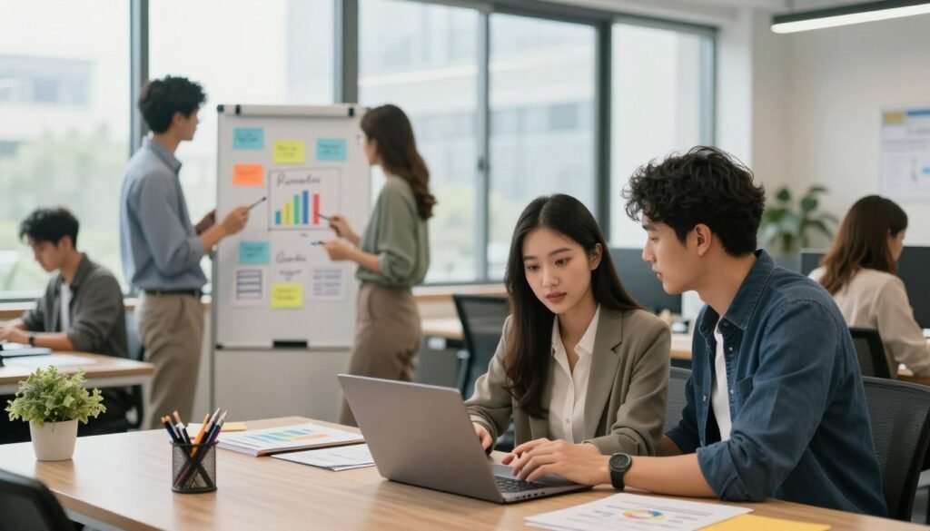 A modern office environment showcased as a vibrant workspace dedicated to entrepreneurship, filled with diverse individuals brainstorming and collaborating on ChatGPT-driven business ideas. In the foreground, a young woman in professional attire is engaging with a laptop while discussing strategies with a man wearing smart casual clothing. In the middle ground, a whiteboard displays colorful charts and notes about revenue generation methods. The background features large windows with natural light pouring in, creating an inviting atmosphere. Soft lighting illuminates the scene, emphasizing enthusiasm and creativity. The image captures a sense of innovation and determination, focusing on the success stories of prompt entrepreneurs in a dynamic and inspiring setting.