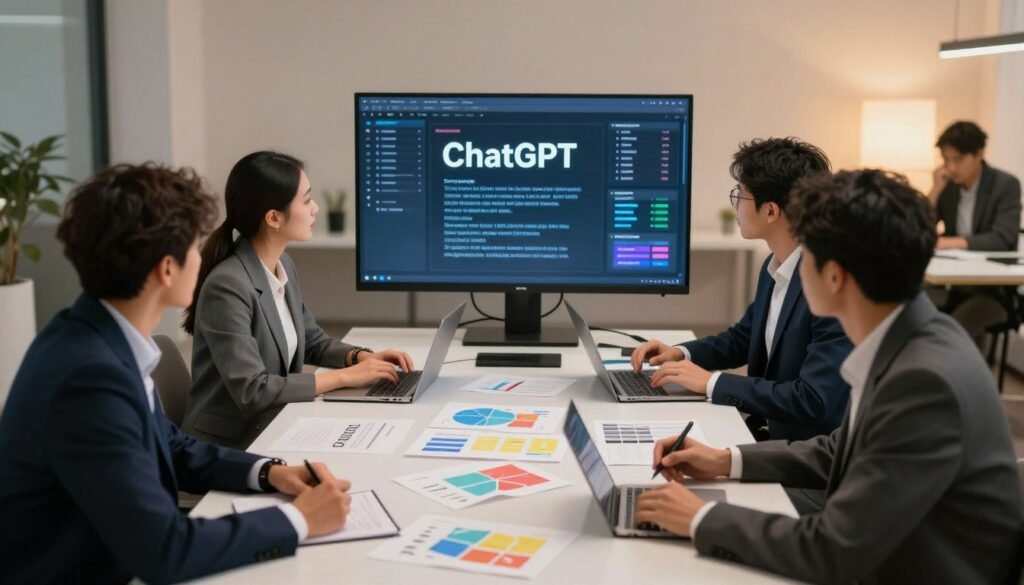 A modern, sleek workspace showcasing a diverse group of professionals gathered around a large table, engaged in a dynamic brainstorming session. The foreground features a diverse set of individuals in professional attire—two men in smart suits and a woman in a tailored blazer—analyzing and discussing colorful charts and notes related to ChatGPT prompts. In the middle, a large digital screen displays a futuristic interface with ChatGPT elements and statistics on prompt effectiveness. The background features minimalist decor with soft, ambient lighting, providing a warm and productive atmosphere. The scene is captured with a slight overhead angle, emphasizing collaboration and innovation, with soft-focus elements around the edges to accentuate the group’s engagement in the task at hand.