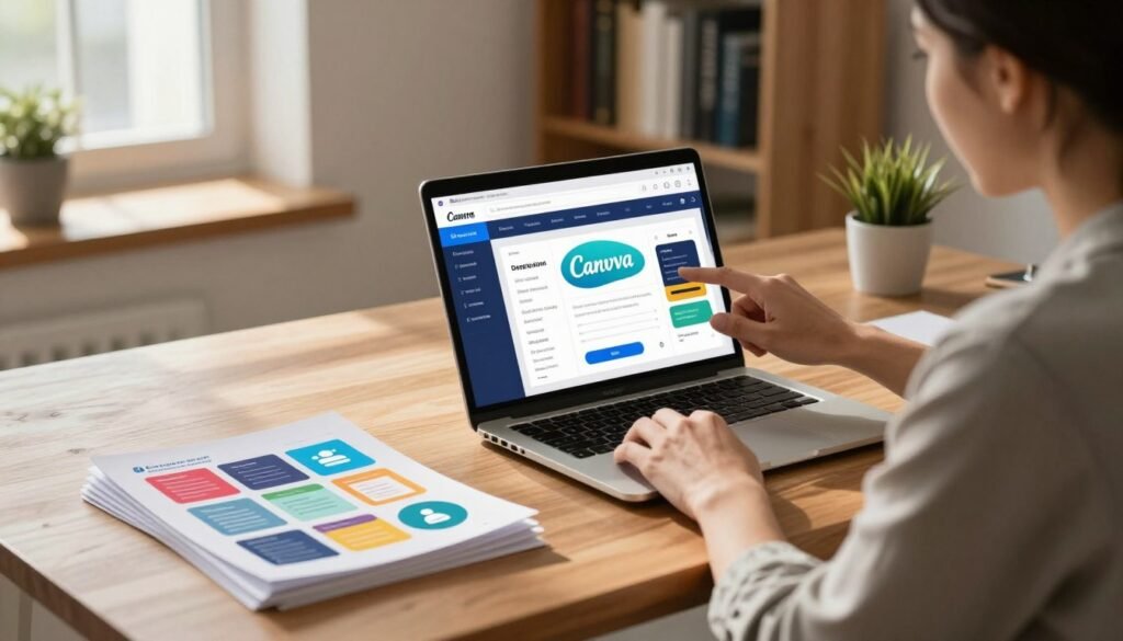 A serene workspace with a stylish wooden desk and a modern laptop displaying a vibrant Canva design interface. In the foreground, a professional in smart casual attire, focused and engaged, reviews digital products displayed on the screen as if ensuring their compliance and quality. A stack of colorful printouts of digital designs is neatly placed beside the laptop. In the middle ground, a soft, warm light filters through a window, casting gentle shadows, enhancing the comforting, productive atmosphere. In the background, a bookshelf filled with legal and design books hints at research and knowledge, while a small potted plant adds a touch of greenery. The overall mood is one of professionalism and creativity, highlighting the importance of legal considerations in digital product sales.