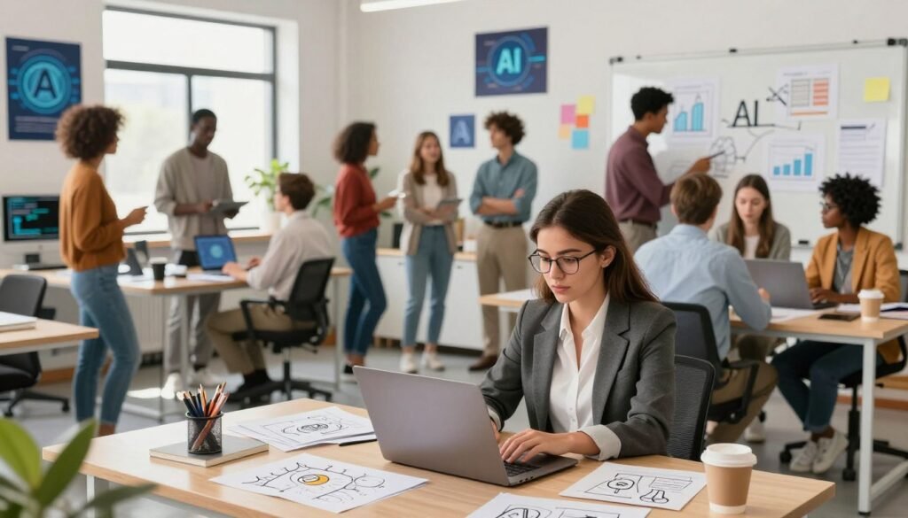 A vibrant and engaging digital illustration of a diverse group of professionals working together on building an AI side hustle. In the foreground, a young woman in business attire is focused on her laptop, surrounded by sketches and notes that depict innovative AI concepts. In the middle ground, a collaborative atmosphere with a diverse group of people discussing ideas, with charts and diagrams illustrating their AI strategies on a whiteboard. The background features a modern workspace with technology and creative elements, like AI-themed posters and brainstorming materials. The lighting is bright and inviting, creating a positive, motivating mood. The camera angle is slightly elevated, providing a broader view of the teamwork and innovation happening in the space.
