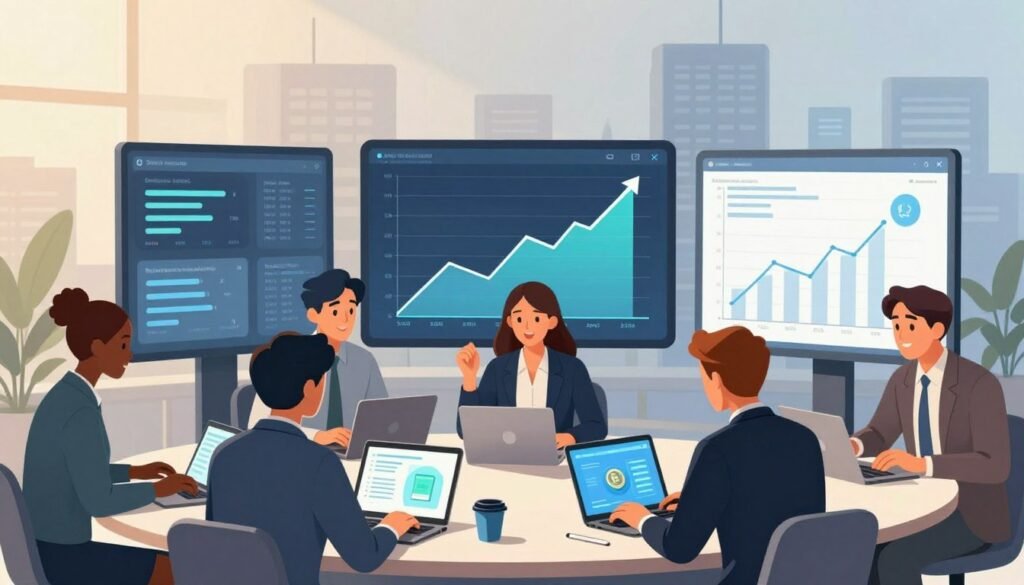 A vibrant digital illustration showcasing the concept of earning cryptocurrency online through referral and affiliate programs. In the foreground, a diverse group of professionals, dressed in smart business attire, are engaged in lively discussions around laptops and mobile devices, displaying enthusiasm and collaboration. The middle ground features graphs and charts on screens that show upward trends in cryptocurrency earnings, highlighting progress and success. In the background, a stylized cityscape symbolizes technological advancement and innovation, bathed in warm, inviting natural light that casts soft shadows, creating an optimistic atmosphere. The scene is captured with a wide-angle lens to emphasize the sense of teamwork and dynamic energy in the modern digital economy.