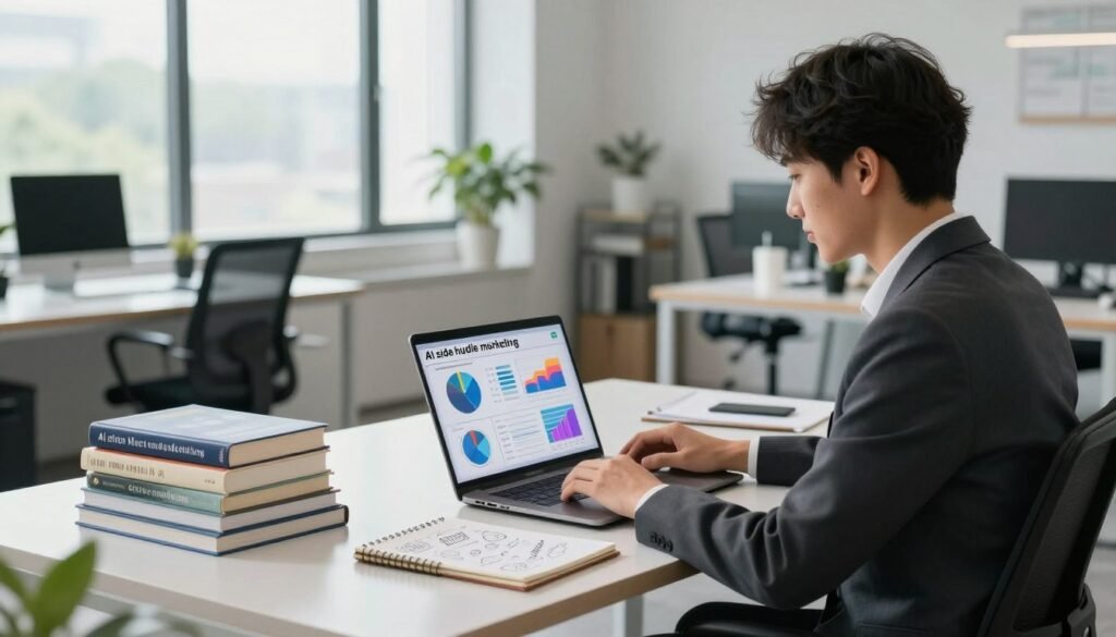 A vibrant workspace illustrating the concept of "AI side hustle marketing." In the foreground, a young professional in business attire is sitting at a sleek desk, working on a laptop with charts and graphs related to marketing strategies displayed on the screen. In the middle, stacks of books on digital marketing and AI technologies are neatly arranged, alongside a notepad filled with handwritten ideas. The background features a modern office setting with large windows, allowing natural light to flood the room, enhancing the motivational atmosphere. Subtle tech-themed decor and potted plants complete the scene. The image conveys a sense of focus, innovation, and professionalism, encouraging the viewer to delve into the marketing aspect of their AI side hustle.