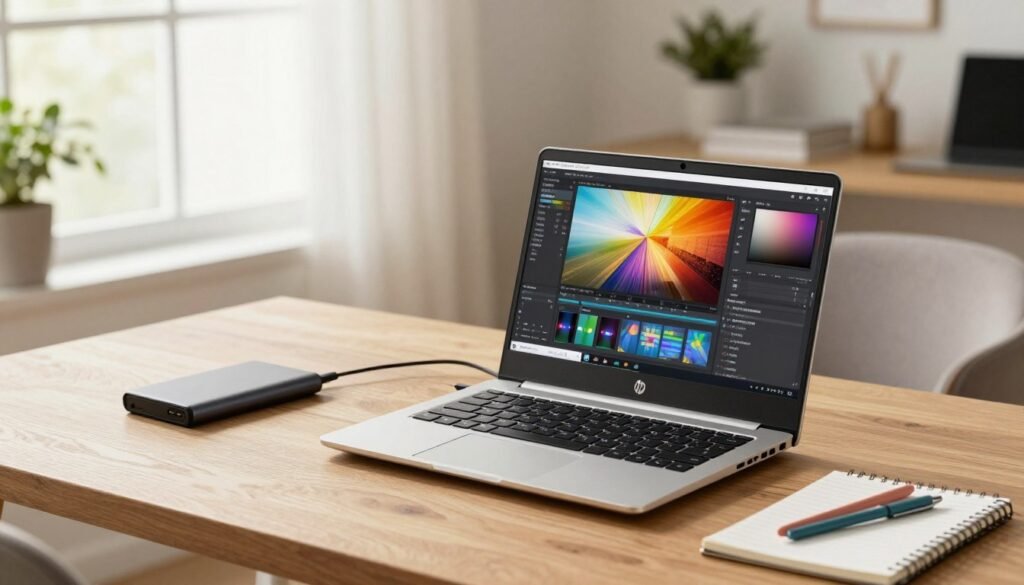 A well-lit scene showcasing a modern HP Pavilion 15 laptop on a stylish wooden desk, surrounded by essential content creation tools like an external hard drive, a notepad, and colorful pens. In the foreground, the laptop's screen displays vibrant images of graphic design and video editing software. In the middle ground, light filters through a large window, creating a bright and inviting atmosphere, with a potted plant adding a touch of greenery. In the background, a cozy workspace with minimalist decor and a soft armchair suggests a creative environment. Use natural lighting to emphasize the laptop's sleek finish, capturing a professional yet relaxed mood, ideal for aspiring content creators. A well-lit scene showcasing a modern HP Pavilion 15 laptop on a stylish wooden desk, surrounded by essential content creation tools like an external hard drive, a notepad, and colorful pens. In the foreground, the laptop's screen displays vibrant images of graphic design and video editing software. In the middle ground, light filters through a large window, creating a bright and inviting atmosphere, with a potted plant adding a touch of greenery. In the background, a cozy workspace with minimalist decor and a soft armchair suggests a creative environment. Use natural lighting to emphasize the laptop's sleek finish, capturing a professional yet relaxed mood, ideal for aspiring content creators.
