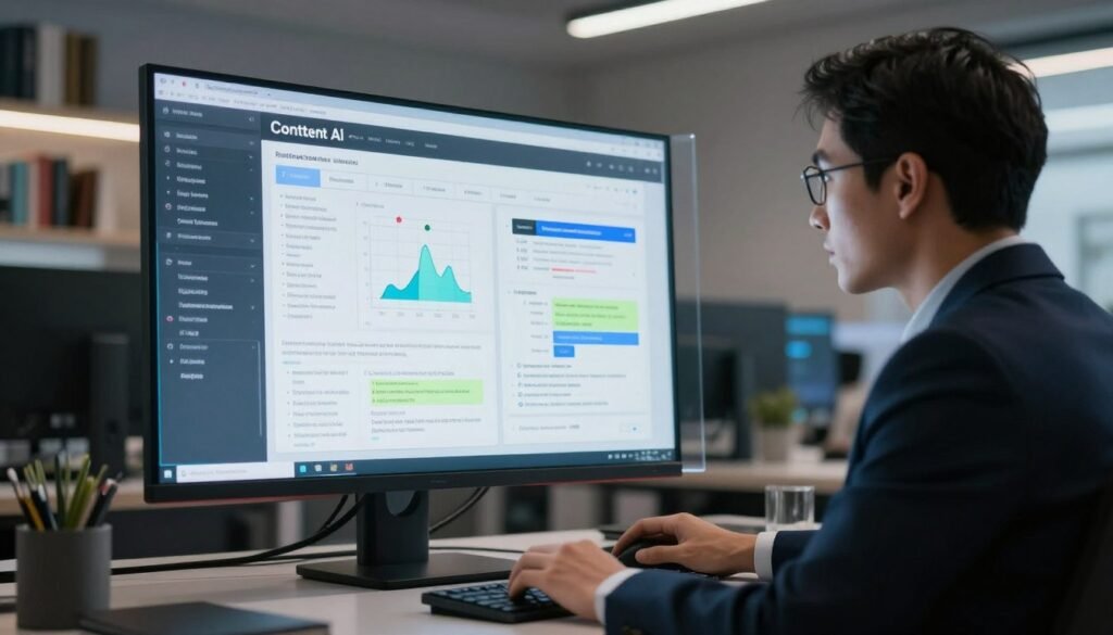 A futuristic workspace illustrating the concept of AI content detection in action. In the foreground, a focused professional in smart business attire analyzes a computer screen, showcasing a digital interface filled with graphs, text analysis, and highlights of AI-generated content. The middle layer features a large, transparent monitor displaying complex algorithms and detection tools. In the background, there are shelves lined with books on technology and cognitive science, soft ambient lighting creating a calm atmosphere, enhancing the focus on the screen. The overall mood is one of concentration, innovation, and the pursuit of knowledge about AI-driven content. The angle should capture both the intensity of the analysis and the advanced technology seamlessly integrated into the workspace. A futuristic workspace illustrating the concept of AI content detection in action. In the foreground, a focused professional in smart business attire analyzes a computer screen, showcasing a digital interface filled with graphs, text analysis, and highlights of AI-generated content. The middle layer features a large, transparent monitor displaying complex algorithms and detection tools. In the background, there are shelves lined with books on technology and cognitive science, soft ambient lighting creating a calm atmosphere, enhancing the focus on the screen. The overall mood is one of concentration, innovation, and the pursuit of knowledge about AI-driven content. The angle should capture both the intensity of the analysis and the advanced technology seamlessly integrated into the workspace.