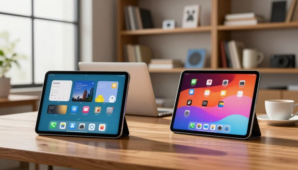 A modern, sleek setup showcasing a vibrant comparison between an Android tablet and an iPad, positioned prominently in the foreground on a polished wooden desk. The Android tablet is displaying diverse apps, while the iPad shows a colorful interface with iOS features. In the middle ground, a blurred laptop and a coffee cup hint at a tech-savvy environment, representing productivity. The background features a softly lit office space with modular shelves filled with books and tech gadgets, contributing to a warm, inviting atmosphere. The scene is illuminated by natural light coming through a large window, casting gentle shadows that enhance the details of the devices. The overall mood conveys a sense of innovation and choice, perfect for readers exploring tablet options.