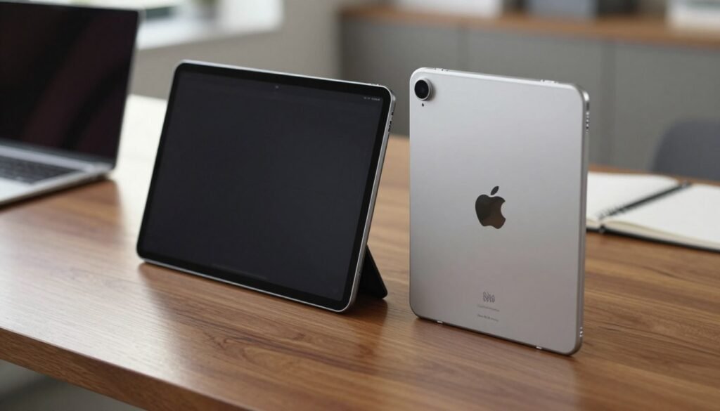 A sleek comparison of an Android tablet and an iPad side by side on a polished wooden desk, emphasizing their design and build quality. The Android tablet is displayed with its customizable features, featuring a matte black finish, while the iPad boasts a minimalist design with a glossy silver exterior. In the foreground, showcase both devices at an angle that highlights their slim profiles and screen sizes. The middle ground should include subtle reflections from ambient lighting, with a softly blurred laptop and notebook in the background to create a professional atmosphere. Use soft, diffused lighting to emphasize the premium materials of both devices. The overall mood is modern and tech-savvy, aimed at highlighting design aesthetics for discerning consumers.
