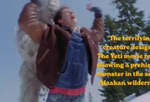 The terrifying creature design in The Yeti movie review showing a prehistoric monster in the snowy Alaskan wilderness.