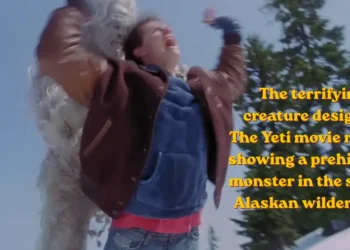 The terrifying creature design in The Yeti movie review showing a prehistoric monster in the snowy Alaskan wilderness.