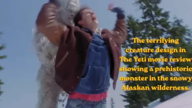 The terrifying creature design in The Yeti movie review showing a prehistoric monster in the snowy Alaskan wilderness.