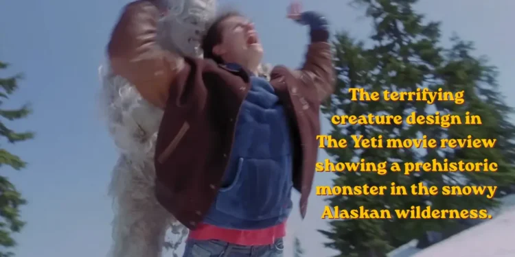 The terrifying creature design in The Yeti movie review showing a prehistoric monster in the snowy Alaskan wilderness.